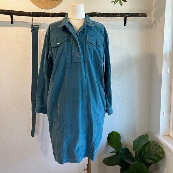 Vintage Blue Cotton Corduroy Utility Zipper Collared Shirt Belt Dress Size Small - Picture 16 of 16